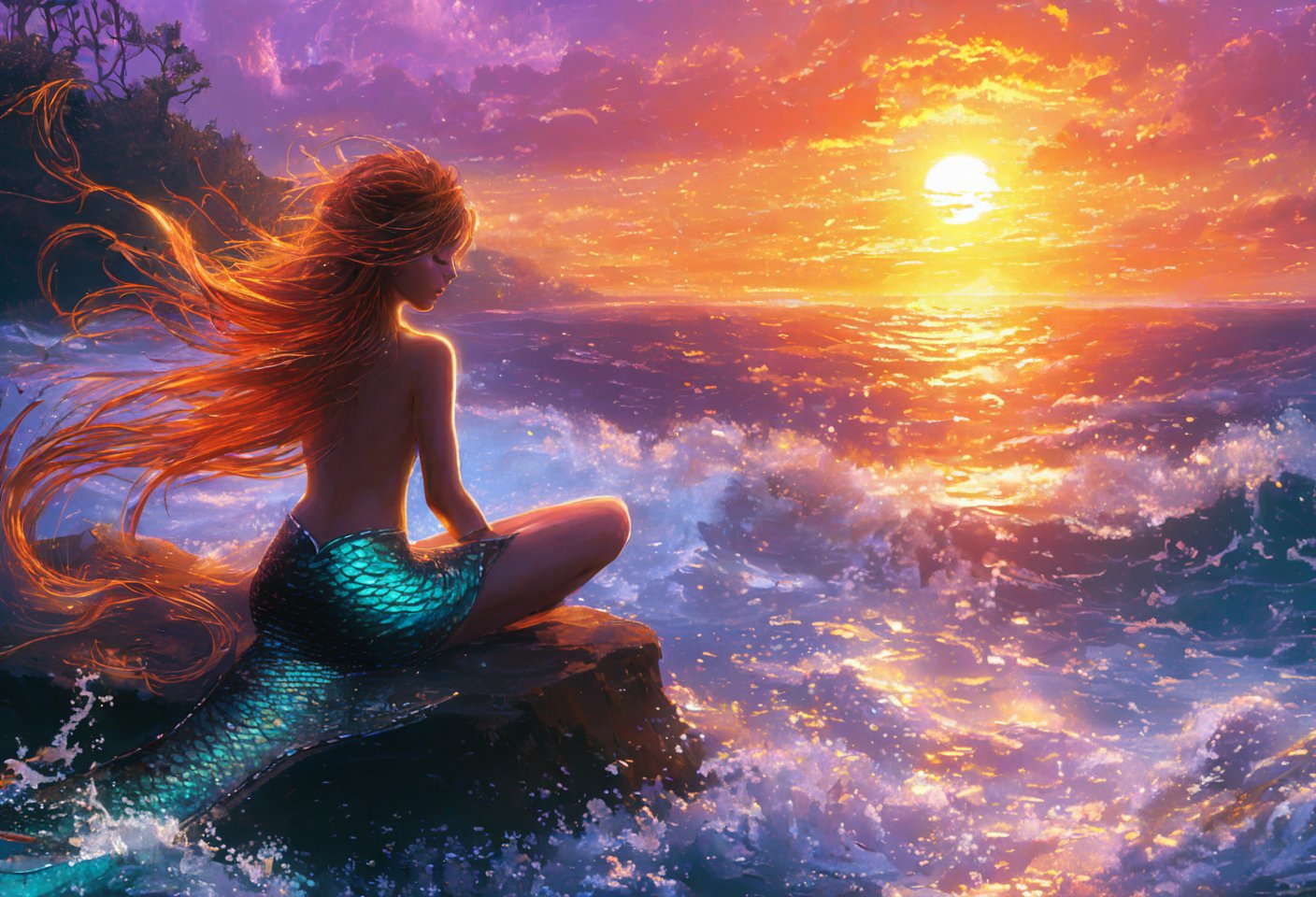 
Mermaid sitting on a rock, eyes closed, hair flowing in the wind, vibrant sunset casting golden hues, shimmering fins reflecting light, intricate scales sparkling, ethereal ambiance reminiscent of Anne Stokes, surreal underwater flora surrounding, whimsical waves softly crashing, dreamy color palette blending oranges and purples, delicate brushwork enhancing textures, airy clouds framing the scene, fantasy art evoking a mystical realm.,digital painting