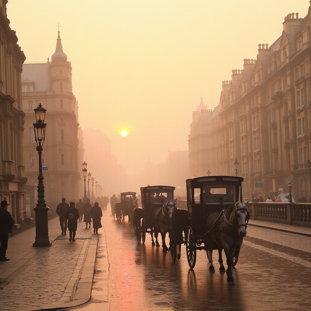 A sepia-toned dawn breaks over London Bridge's ancient stones as Victorian-era elegance unfolds. Horse-drawn carriages glide smoothly along cobblestone streets, while the morning sun ascends behind a gradient sky of gentle oranges and pinks. Foggy mist veils the city's intricate architecture, softened by wet watercolor hues that evoke a sense of history and nostalgia.