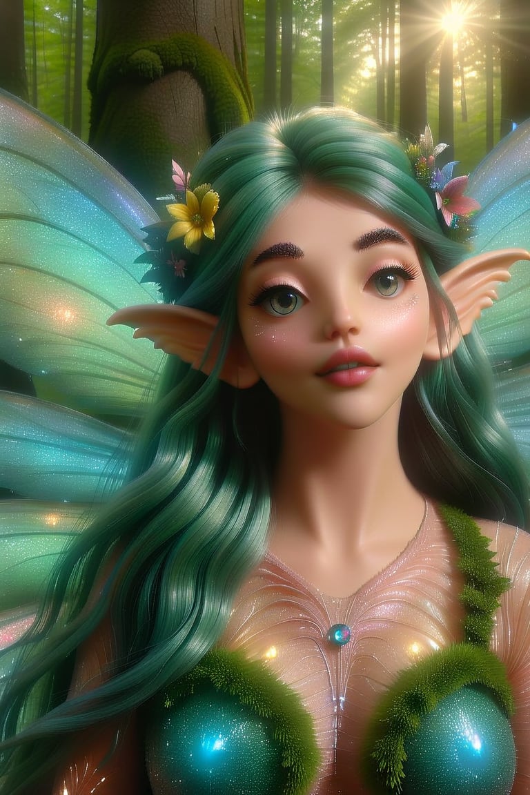 In a lush, verdant forest, a whimsical fairy stands amidst a tapestry of vibrant flora, her delicate features aglow in soft, ethereal light. Her big, beautiful eyes sparkle like gemstones, while her green hair flows like a river of emeralds, adorned with intricately woven flowers that seem to dance in the gentle breeze. The fairy's petite nose and plump cheeks give way to a mischievous grin, as if she's privy to a secret only the forest can share. Boris Vallejo-inspired fantasy art comes alive in this high-definition CGI masterpiece, showcasing the enchanting beauty of nature with meticulous attention to detail.,fairytale,tpgrtfiry,Fairy,DonMF41ryW1ng5XL