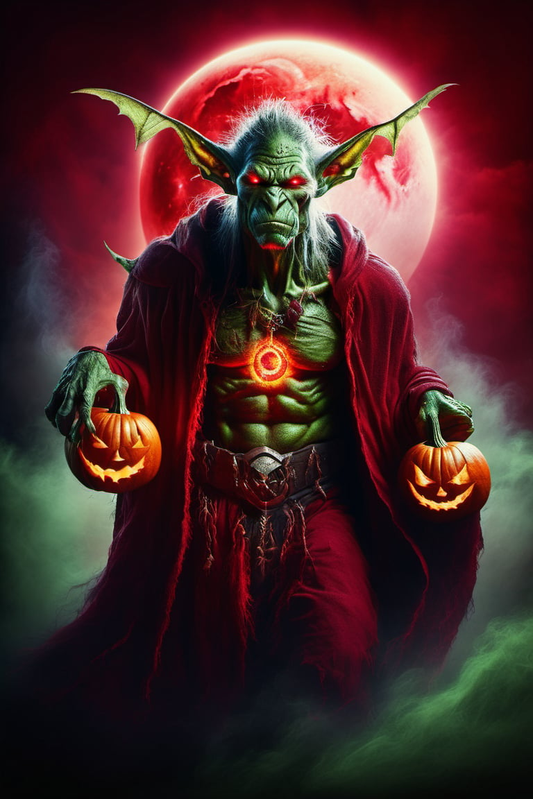 Happy Halloween, (Raw Photo:1.3) of (Ultra detailed:1.3) , (monster) legendary green-skinned goblin with red glowing eyes and red tattered robes in foreground, ( pumpkins, bats, fog, red moon with red lightning background scene ) , realistic dark fantasy art, Highly Detailed, DirectX 12: 0.6, ultra realistic: 0.5, f/2.2, Paloroid, HDR, RTX, 1024K,DonMD34thKn1gh7XL,LegendDarkFantasy