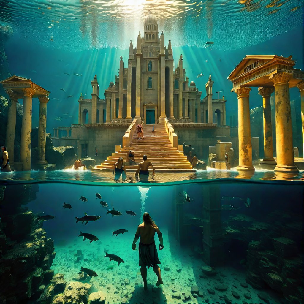 A fantastic underwater scene that could be interpreted as the mythical city of Atlantis. In the foreground, the silhouette of a person standing on a sunken platform or land is visible, looking at the surrounding landscape. Around this figure are ruins and classical architecture, partially submerged in water, with columns, arches, and staircases leading nowhere. Above these ruins, a large structure rises, resembling a cathedral or palace with steeples and large windows emitting a soft glow that illuminates the surrounding water. Light penetrates the water from above, suggesting the presence of an opening on the surface far above. Around this underwater cityscape, fish of various sizes swim. This image is interesting because it conveys the grandeur and mystery associated with Atlantis - the legendary island mentioned in the works of Plato, which is said to have sunk in the ocean.
