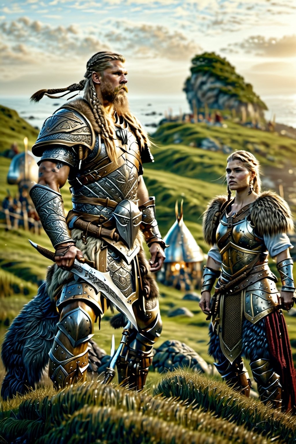 three Viking-style people and armor in front of a Viking village, real life skin, intricate, elegant, highly detailed, artstation, concept art, smooth, sharp focus, art by artgerm and greg rutkowski and alphonse mucha,island,DonMD34thKn1gh7XL