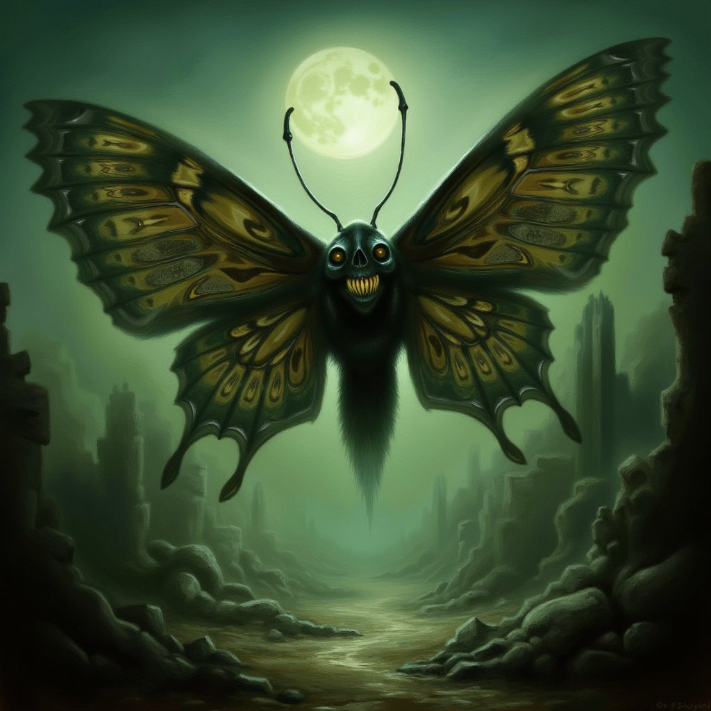 A photo of a scary butterfly monster with a death's head skull design and elongated fangs glistening. The monster has oversized shadowy wings. The background is a desolate post-apocalyptic landscape with eerie mist swirling and gothic architecture ruins. The overall image has a supernatural glow, hauntingly beautiful textures, and intricate patterns on the wings. The ominous ambiance envelops every corner.,art_solyanka,pavsok Style