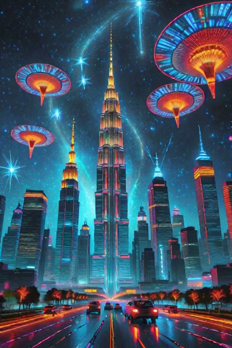 A futuristic metropolis rises against a star-speckled night sky, where skyscrapers resembling crystalline spires pierce the heavens. Vibrant light panels etch mesmerizing patterns on buildings, radiating a kaleidoscope of colors. Below, aerial vehicles - flying cars and drones - navigate the streets, casting an otherworldly glow. The city's neon-hued landscape is set against a celestial canvas, as if plucked from the vivid imagination of Sidney Medley's futuristic masterpieces., lowkey portrait of,Ap0l0gr4ph1c