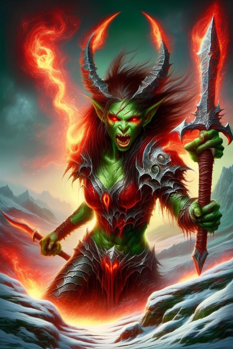 (Raw Photo:1.3) of (Ultra detailed:1.3) , (monster) World of Warcraft, goblin woman, fangs, green skin, red eyes, sword, torn clothes, fire, drool, goblin woman, cave, snow, red moon with red lightning background scene, realistic dark fantasy art,Highly Detailed,DonMW15pXL,DonMD34thKn1gh7XL