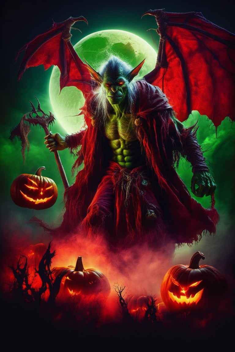 Happy Halloween, (Raw Photo:1.3) of (Ultra detailed:1.3) , (monster) legendary green-skinned goblin with red glowing eyes and red tattered robes in foreground, ( pumpkins, bats, fog, red moon with red lightning background scene ) , realistic dark fantasy art, Highly Detailed, DirectX 12: 0.6, ultra realistic: 0.5, f/2.2, Paloroid, HDR, RTX, 1024K,DonMD34thKn1gh7XL,LegendDarkFantasy