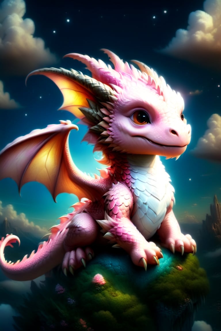 cute, kawaii, pink dragon, sitting on a soft fluffy cloud, fairyland, fairytale art, fabulous, high detail, masterpiece,more detail XL,dragon_h,draco_fantasy