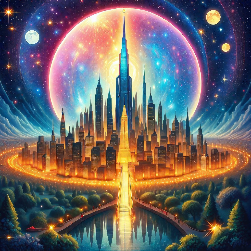 Beyond the Moon, an iridescent city hanging in a sea of stars. The city is composed of crystalline towers that reflect cosmic light. The background contains swirling nebulae. There are glimmering paths of starlight winding through ethereal gardens. The city is inhabited by translucent beings that weave energy. The surfaces contain intricate murals in the style of Escher and Van Gogh. The city is a tapestry of otherworldly beauty under a celestial dome.