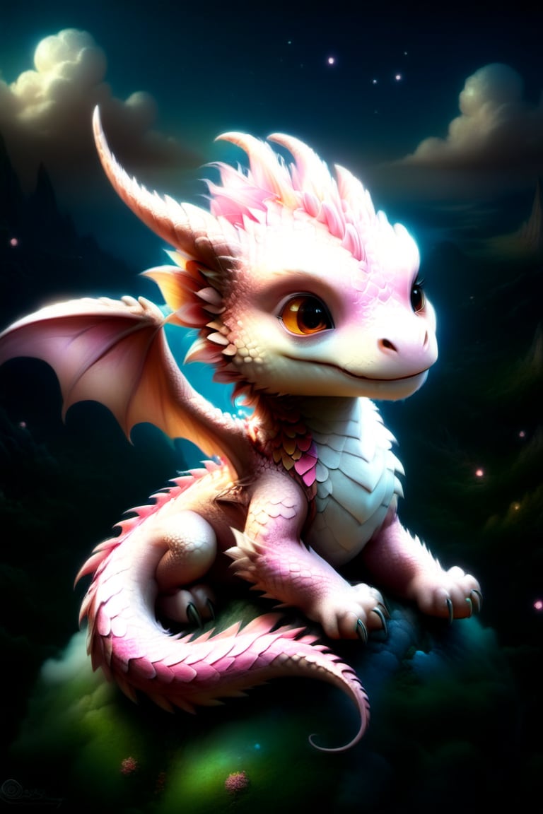 cute, kawaii, pink dragon, sitting on a soft fluffy cloud, fairyland, fairytale art, fabulous, high detail, masterpiece,more detail XL,dragon_h,draco_fantasy