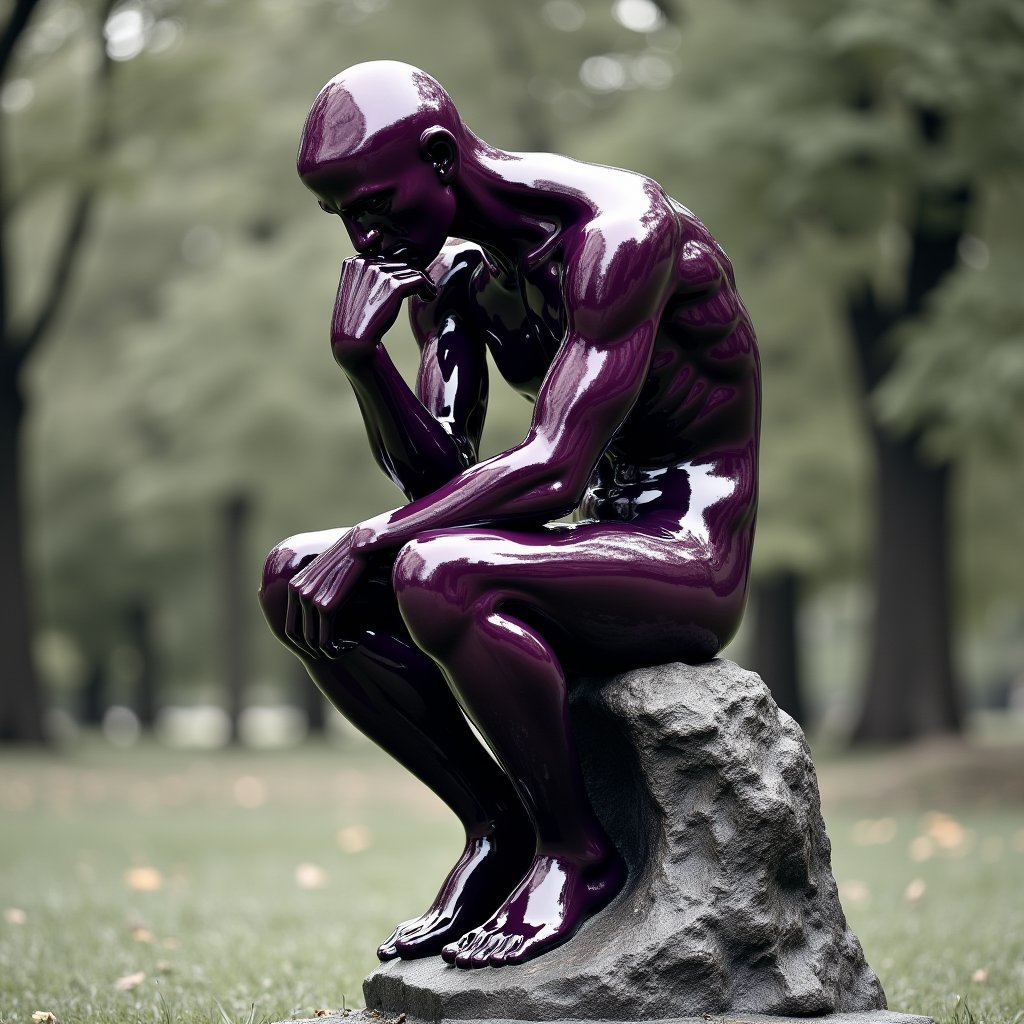 The Thinker statue, originally created by French sculptor Auguste Rodin, depicts a man sitting on a stone with his fist resting on his chin, symbolizing deep concentration and thought. In this fantasy interpretation, she is presented in an unusual form made from eggplant, adding an element of playfulness and surrealism to the classic work of art. The statue was originally intended to be part of the Gates of Hell work, but this version invites viewers to think about the nature of thought and creativity in a whole new way.