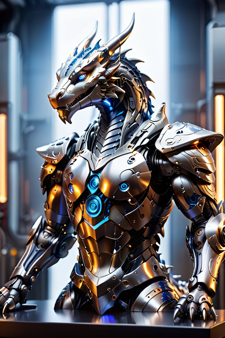 In a sleek, high-tech laboratory setting, a majestic anthropomorphic cyborg dragon sits proudly on a pedestal, its metallic scales glistening under precise spotlights. The dragon's anatomic features are meticulously rendered in ultra-high definition, with intricate robotic appendages and glowing blue circuits visible beneath translucent skin. Its piercing gaze is framed by sharp, angular cheekbones and a sharp jawline, as if surveying its futuristic domain. The surrounding environment is a masterpiece of industrial design, with gleaming metal surfaces, glowing fiber optics, and precision-crafted machinery creating a symphony of textures and reflections.