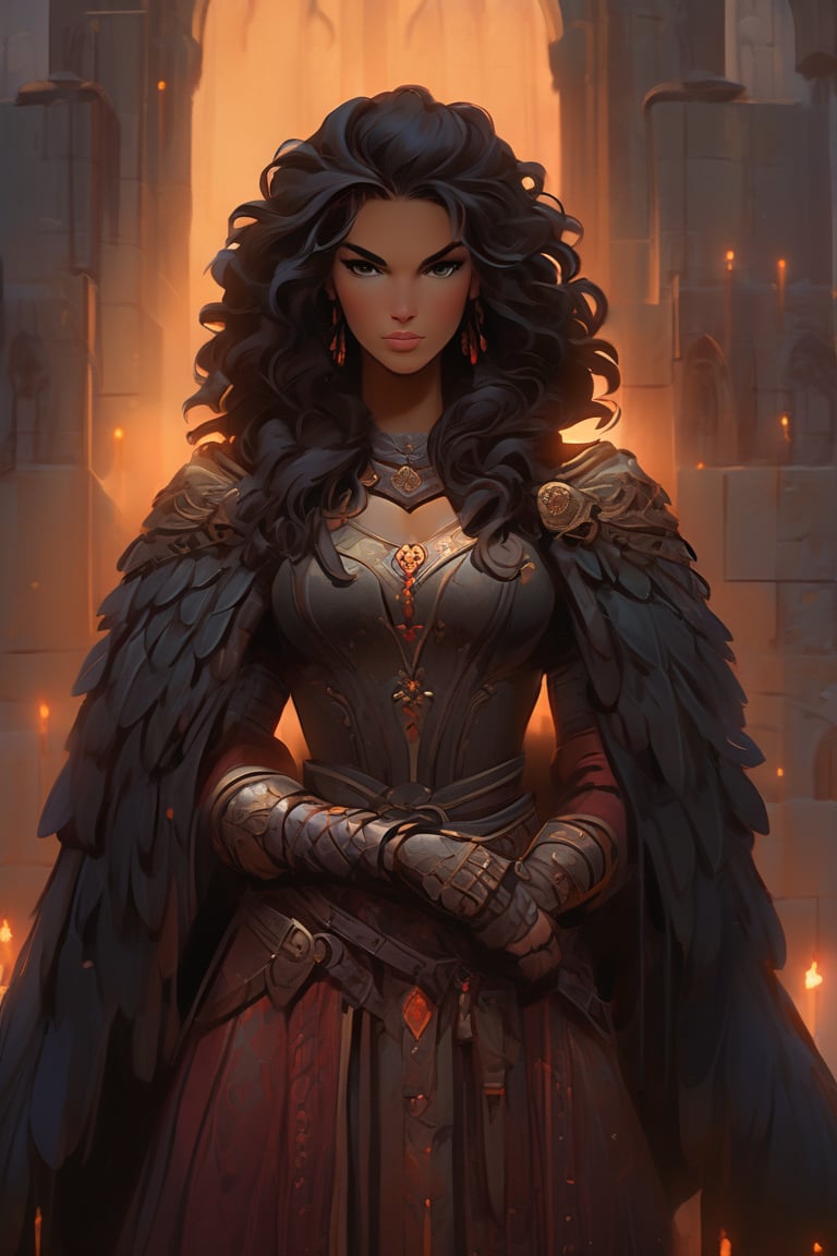 Within a dimly lit, misty courtyard of a foreboding Gothic castle, a young lady warrior emerges from the shadows. Her raven tresses flow like a waterfall down her back, as she dons futuristic armor adorned with metallic scales and supple leather straps. The warm glow of torches casts long shadows across the stone flags, while the dark silhouette of the castle looms behind. In this 3D render, Rococo-inspired curves and ornate details dance across the warrior's suit, blending medieval mystique with modern ingenuity.,portrait art style,portraitart