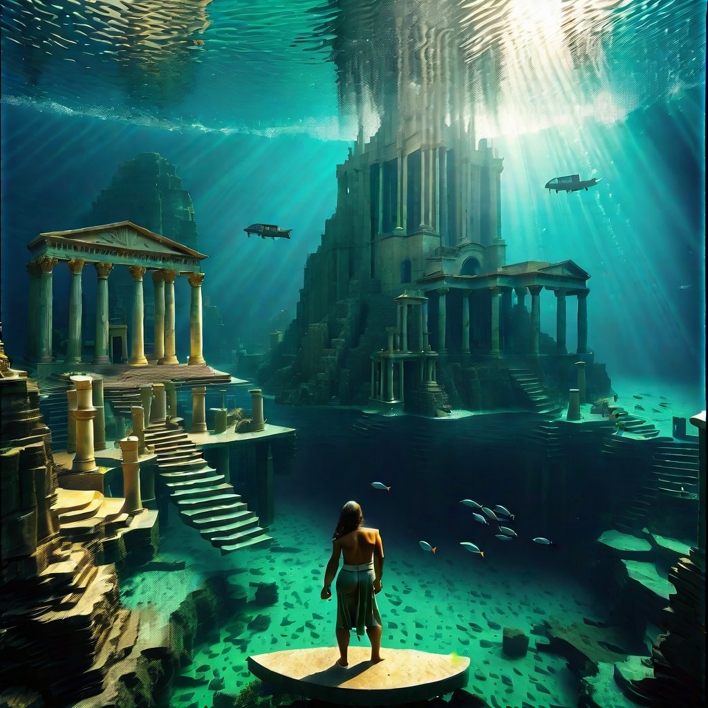 A fantastic underwater scene that could be interpreted as the mythical city of Atlantis. In the foreground, the silhouette of a person standing on a sunken platform or land is visible, looking at the surrounding landscape. Around this figure are ruins and classical architecture, partially submerged in water, with columns, arches, and staircases leading nowhere. Above these ruins, a large structure rises, resembling a cathedral or palace with steeples and large windows emitting a soft glow that illuminates the surrounding water. Light penetrates the water from above, suggesting the presence of an opening on the surface far above. Around this underwater cityscape, fish of various sizes swim. This image is interesting because it conveys the grandeur and mystery associated with Atlantis - the legendary island mentioned in the works of Plato, which is said to have sunk in the ocean.
