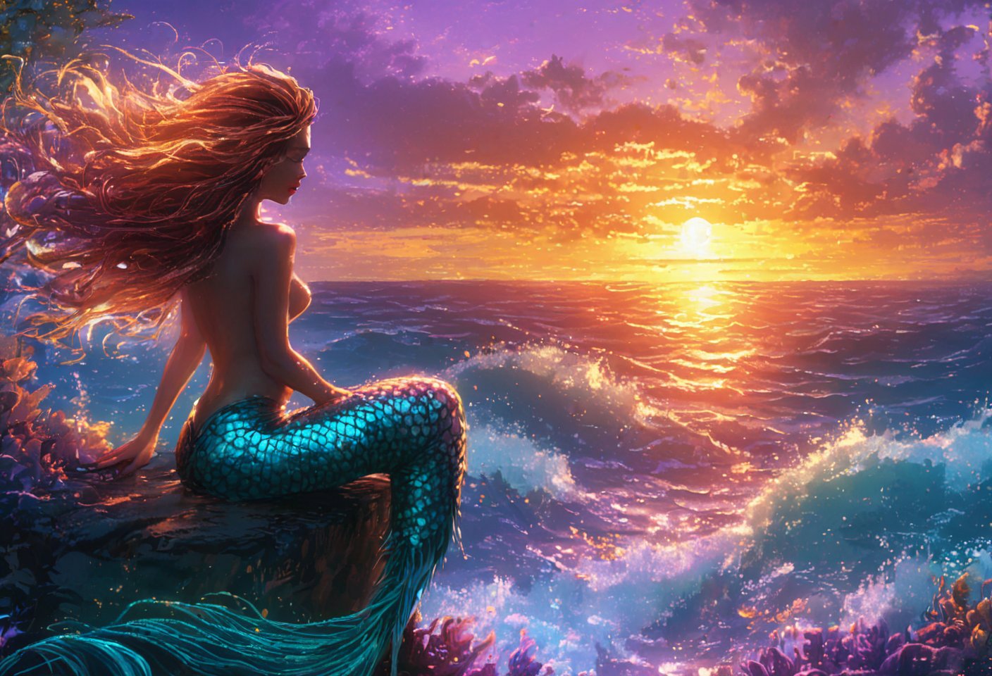 
Mermaid sitting on a rock, eyes closed, hair flowing in the wind, vibrant sunset casting golden hues, shimmering fins reflecting light, intricate scales sparkling, ethereal ambiance reminiscent of Anne Stokes, surreal underwater flora surrounding, whimsical waves softly crashing, dreamy color palette blending oranges and purples, delicate brushwork enhancing textures, airy clouds framing the scene, fantasy art evoking a mystical realm.,digital painting