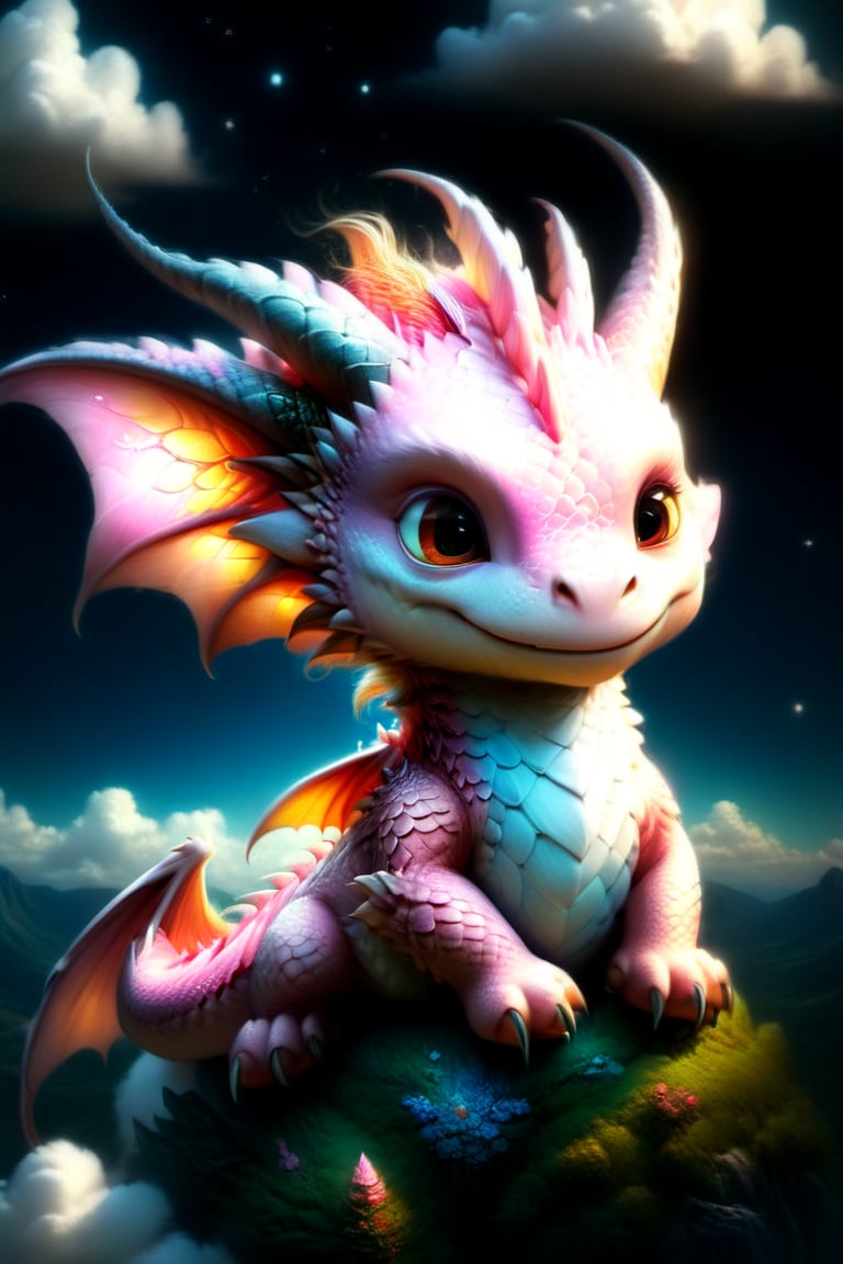 cute, kawaii, pink dragon, sitting on a soft fluffy cloud, fairyland, fairytale art, fabulous, high detail, masterpiece,more detail XL,dragon_h,draco_fantasy