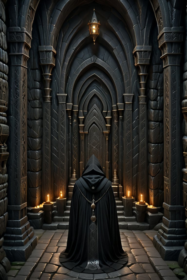 A haunting Edward Gorey-inspired illustration: a hooded black-robed monk kneels before an ancient marble altar, hands clasped in fervent prayer. Dim candlelight casts eerie shadows on worn stone floor, inviting depth and intrigue. The partially obscured monk's face conveys contemplation and spirituality. In the darkness, mystical typography weaves a spell, beckoning viewers to enter the enigmatic world of the black-robed monk, where secrets and mysteries lurk in every crevice, much like the hidden realms of Dwarves in dark fantasy lore.,Dwarves