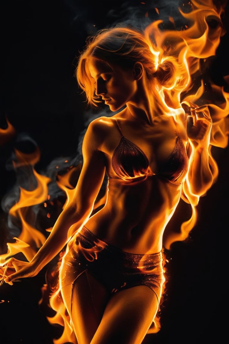 (Raw Photo:1.3) of (Ultra detailed:1.3)  photorealistic image of a pretty woman Tango with fire, fire elements sorround all her body,  listening to music with your headphones, she is on fire, dynamic photo by Nick Knight