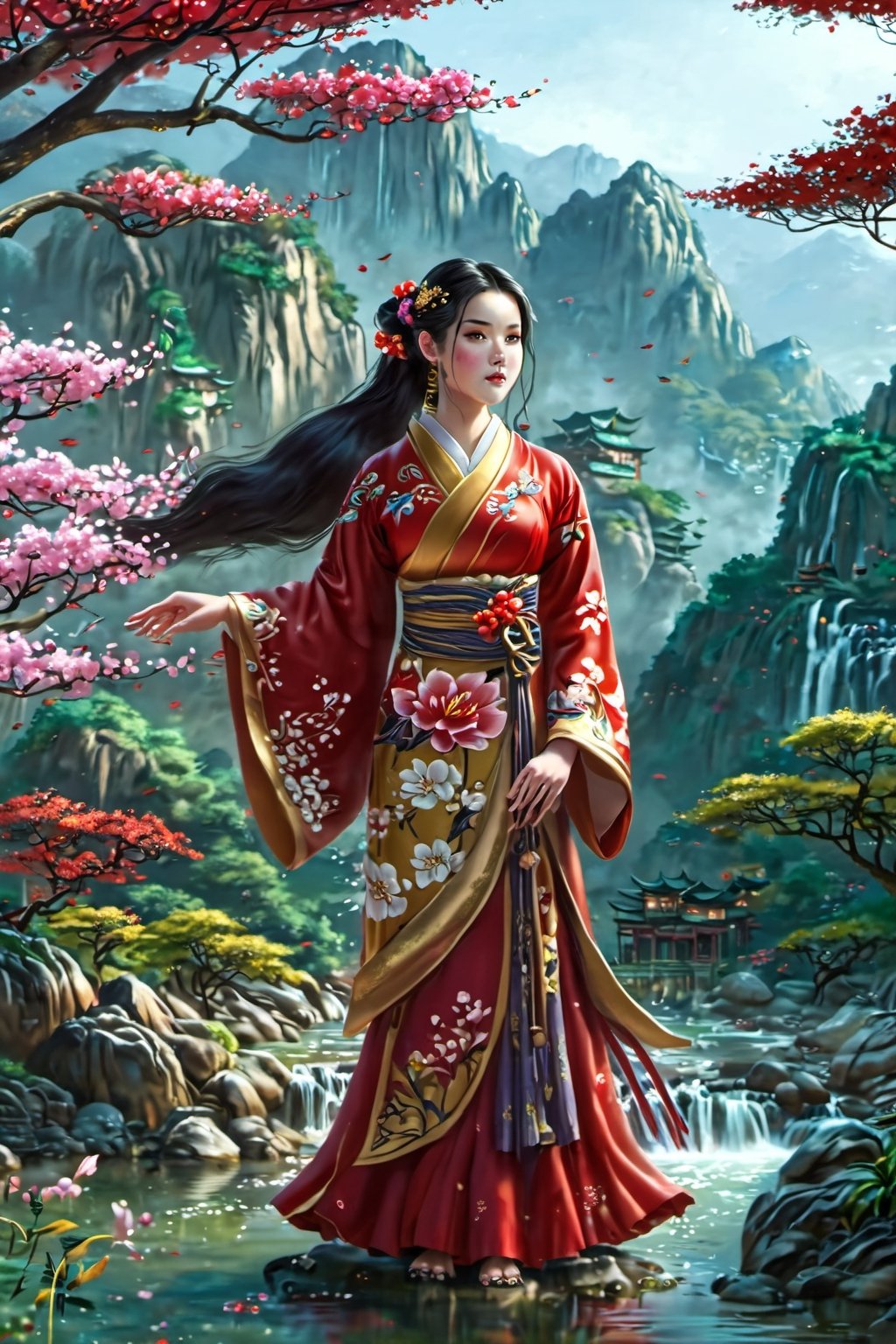 A girl wearing traditional Chinese Hanfu, a red dress with floral patterns, long black hair, and an exquisite hairstyle. The girl stands surrounded by flowers and trees. With mountains and rivers as the background, real Chinese style landscape - Mountain and Water