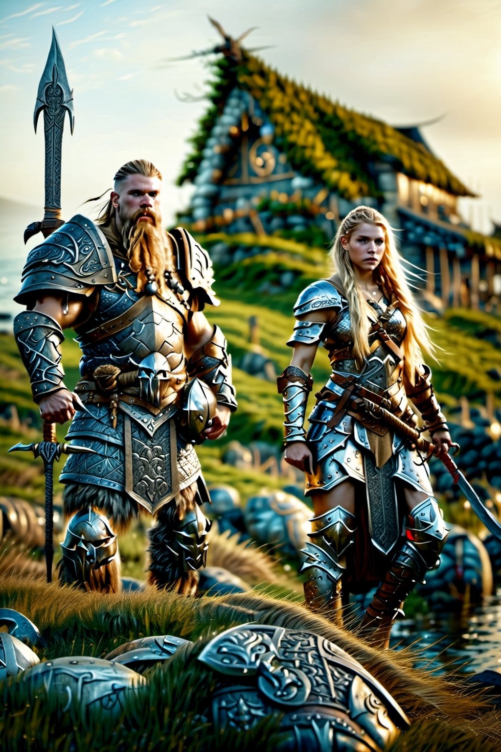 three Viking-style people and armor in front of a Viking village, real life skin, intricate, elegant, highly detailed, artstation, concept art, smooth, sharp focus, art by artgerm and greg rutkowski and alphonse mucha,island,DonMD34thKn1gh7XL,runeblade,death knight