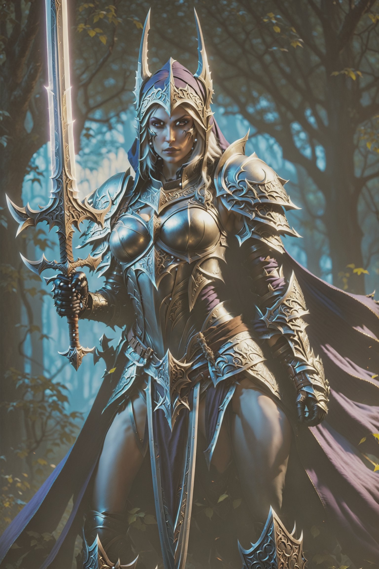 a woman dressed in armor holding a sword, sylvanas windrunner, 2. 5 d cgi anime fantasy artwork, character design : : gothic, 3 d render of a full female body, pale pointed ears, male rogue, the empress’ hanging, unclad, leblanc, promotional images, 32K, fantasy art,DonMD34thKn1gh7XL