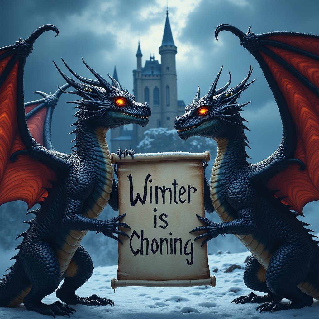 
"Winter is coming" poster, held by two fierce dragons with intricately scaled wings, claws gripping the edges, darkened medieval castle looms in the background with towering spires, stormy clouds swirl above, the atmosphere thick with impending doom, sharp contrasts of fiery dragon eyes against the cold stone battlements, rich, detailed textures reflect a harsh winter landscape.,art_solyanka