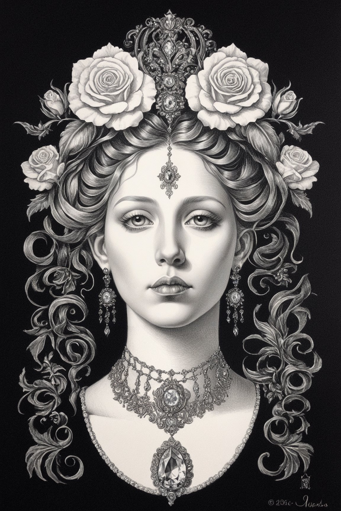 a drawing of a woman with flowers in her hair, intricate steampunk ornate, style of Rococo, detailed charcoal drawing, luxurious ornate golden jewelry, image of random arts, ornate with white diamonds, portrait of mournful, featured art, ornate patterned people, fulcolor