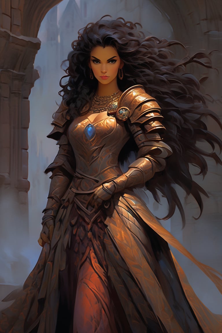 Within a dimly lit, misty courtyard of a foreboding Gothic castle, a young lady warrior emerges from the shadows. Her raven tresses flow like a waterfall down her back, as she dons futuristic armor adorned with metallic scales and supple leather straps. The warm glow of torches casts long shadows across the stone flags, while the dark silhouette of the castle looms behind. In this 3D render, Rococo-inspired curves and ornate details dance across the warrior's suit, blending medieval mystique with modern ingenuity.