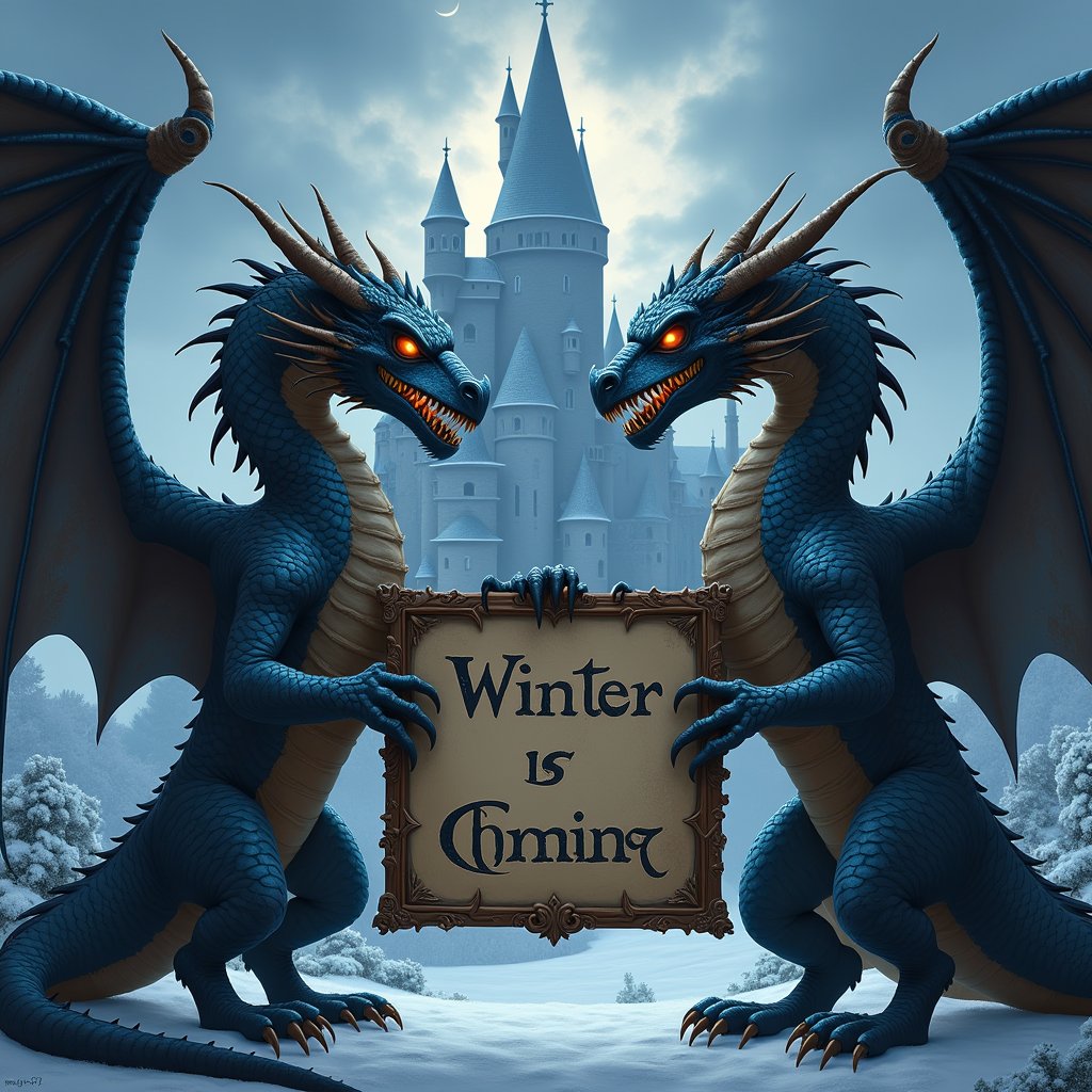 
"Winter is coming" poster, held by two fierce dragons with intricately scaled wings, claws gripping the edges, darkened medieval castle looms in the background with towering spires, stormy clouds swirl above, the atmosphere thick with impending doom, sharp contrasts of fiery dragon eyes against the cold stone battlements, rich, detailed textures reflect a harsh winter landscape.,art_solyanka