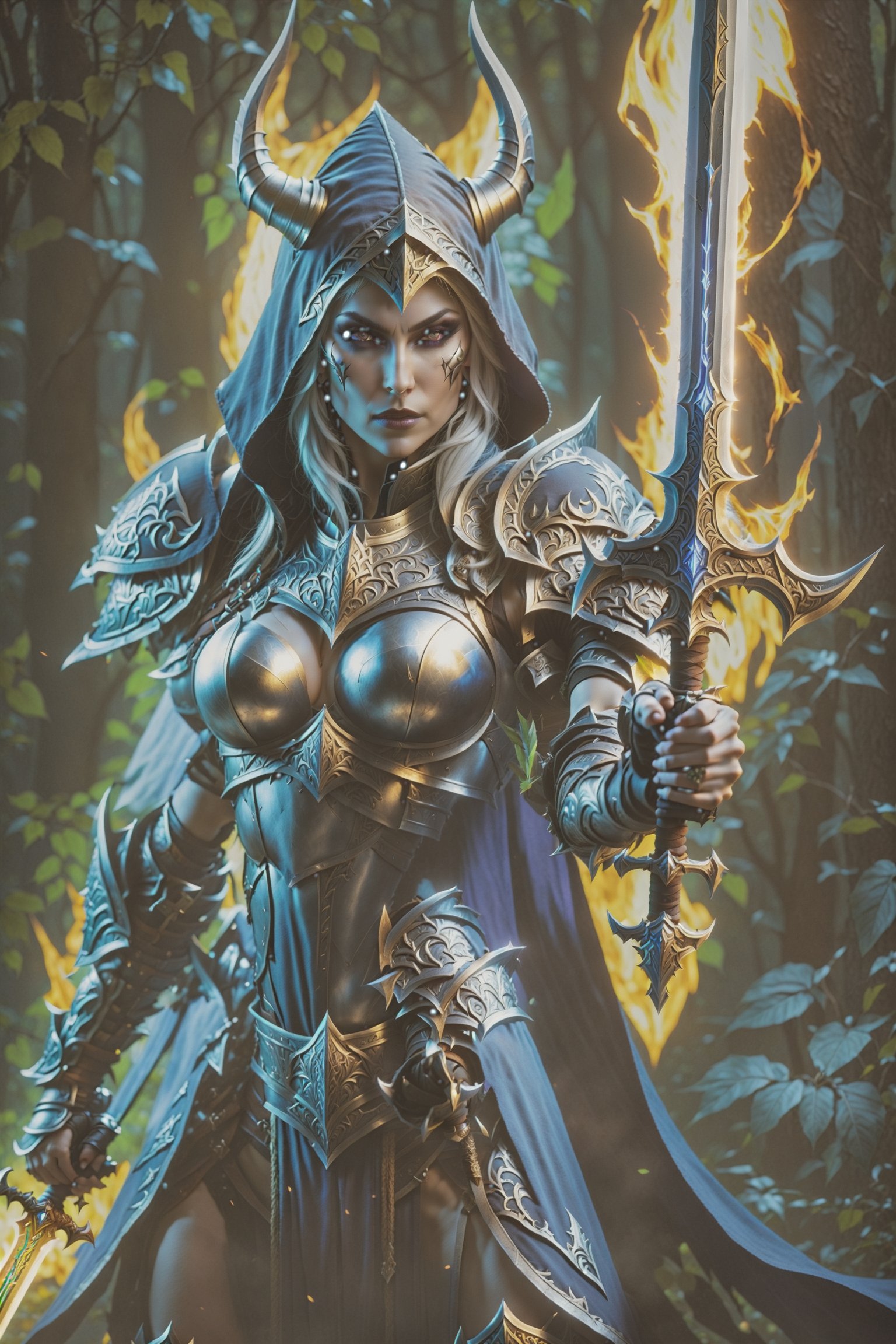 a woman dressed in armor holding a sword, sylvanas windrunner, 2. 5 d cgi anime fantasy artwork, character design : : gothic, 3 d render of a full female body, pale pointed ears, male rogue, the empress’ hanging, unclad, leblanc, promotional images, 32K, fantasy art,DonMD34thKn1gh7XL