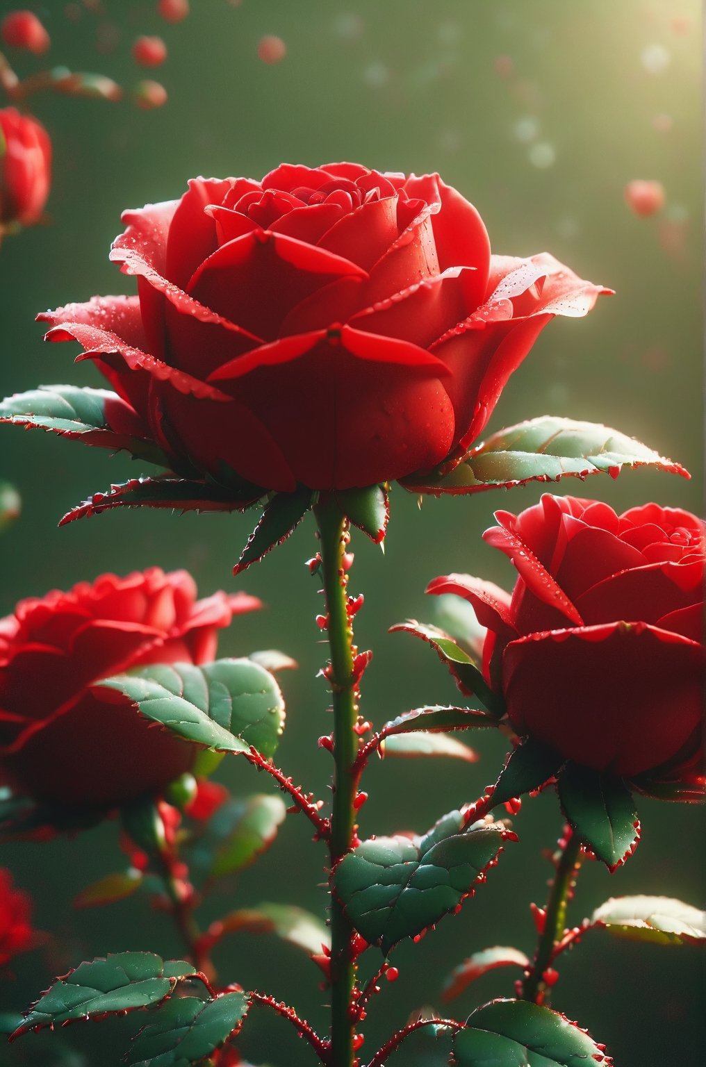 ap0l0veh3art5 style, ((red rose)), green stem, thorns, warm atmosphere, perfect composition, ultrahigh detail, UHD, 8k wallpaper, octane render, simple colour gradient background, bokeh lights