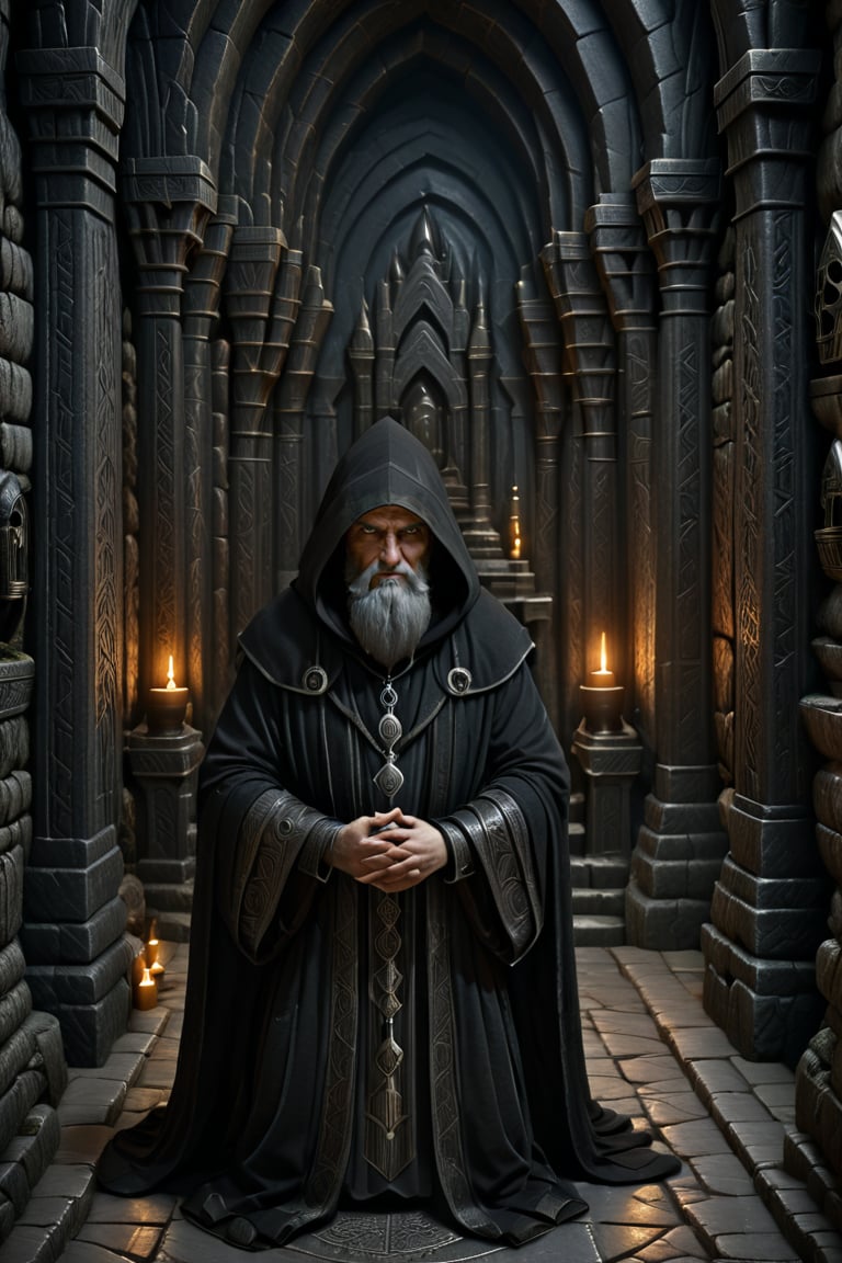 A haunting Edward Gorey-inspired illustration: a hooded black-robed monk kneels before an ancient marble altar, hands clasped in fervent prayer. Dim candlelight casts eerie shadows on worn stone floor, inviting depth and intrigue. The partially obscured monk's face conveys contemplation and spirituality. In the darkness, mystical typography weaves a spell, beckoning viewers to enter the enigmatic world of the black-robed monk, where secrets and mysteries lurk in every crevice, much like the hidden realms of Dwarves in dark fantasy lore.
