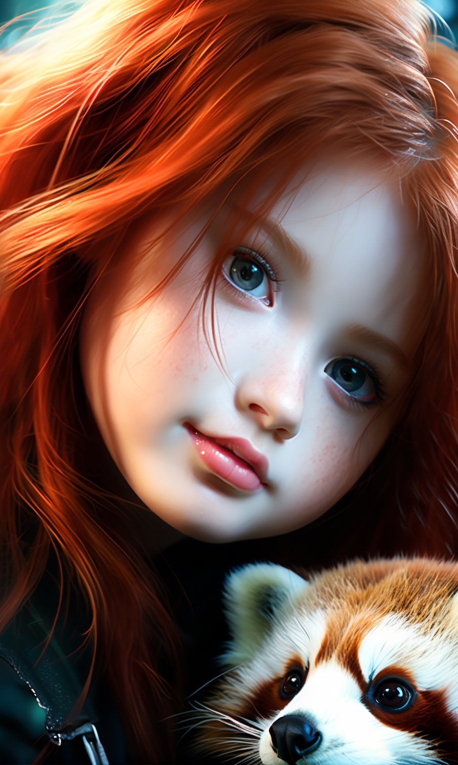 (mastrpiece, hq) , A beautiful red headed girl green eyes in a mystical world playing with baby red panda perfect clarity photorealistic beautiful quality 32k resolution, cgi