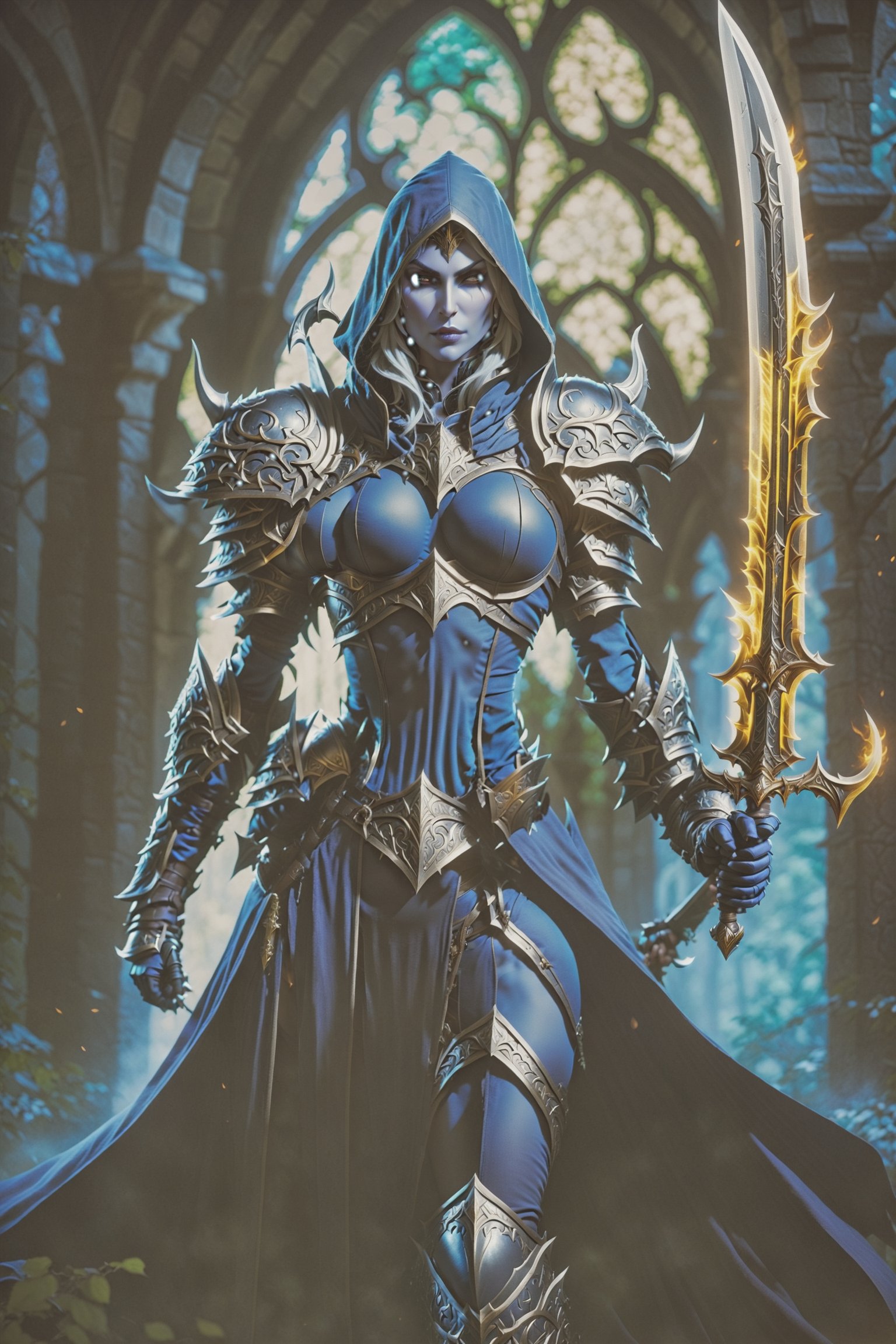 a woman dressed in armor holding a sword, sylvanas windrunner, 2. 5 d cgi anime fantasy artwork, character design : : gothic, 3 d render of a full female body, pale pointed ears, male rogue, the empress’ hanging, unclad, leblanc, promotional images, 32K, fantasy art,DonMD34thKn1gh7XL