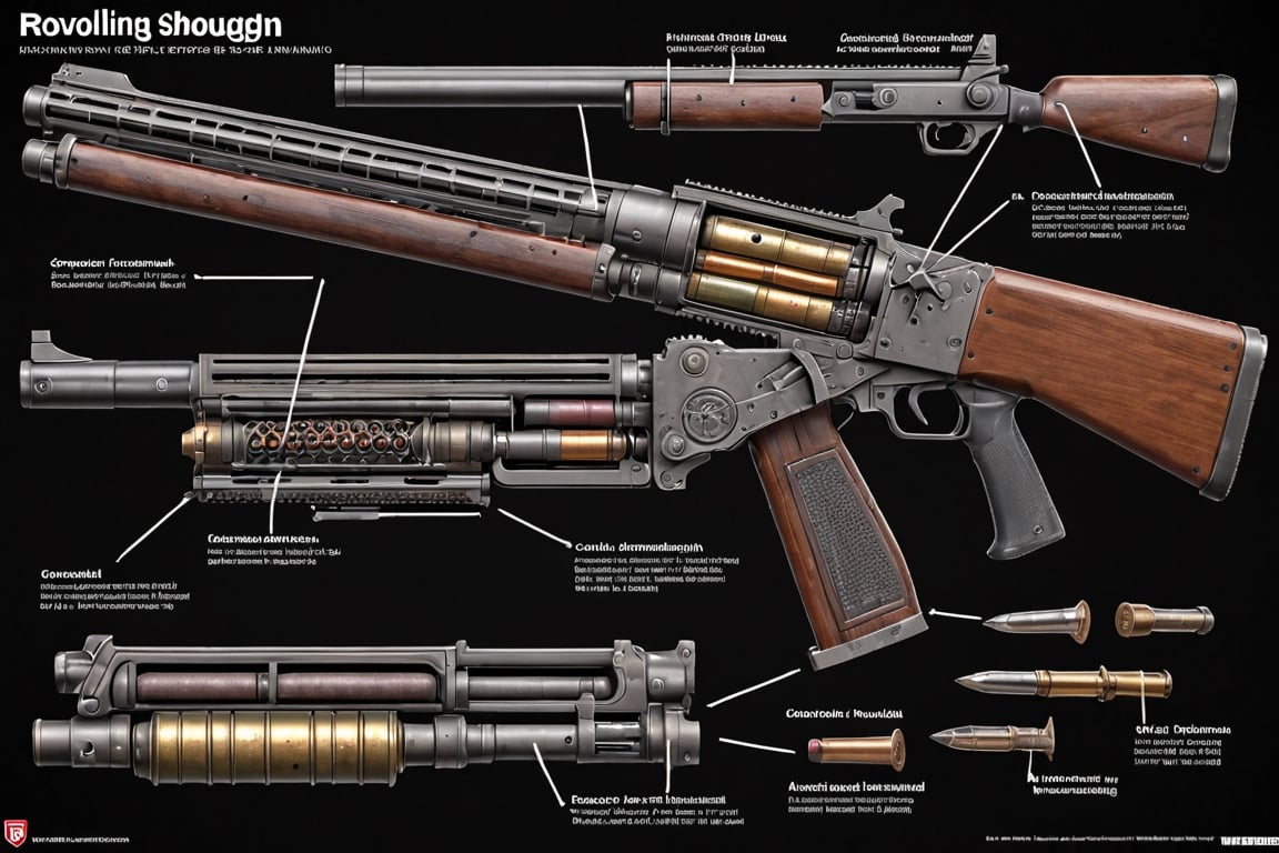 A detailed diagram of a revolving shotgun is presented, showing its various parts and mechanisms. The gun is shown in section, the barrel and other components are clearly visible. Displays of used ammunition