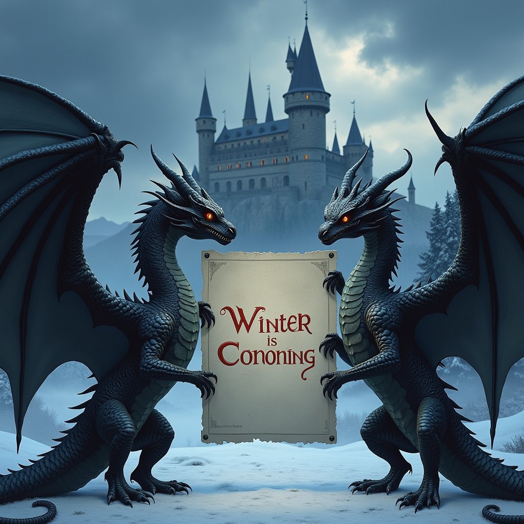 
"Winter is coming" poster, held by two fierce dragons with intricately scaled wings, claws gripping the edges, darkened medieval castle looms in the background with towering spires, stormy clouds swirl above, the atmosphere thick with impending doom, sharp contrasts of fiery dragon eyes against the cold stone battlements, rich, detailed textures reflect a harsh winter landscape.,art_solyanka