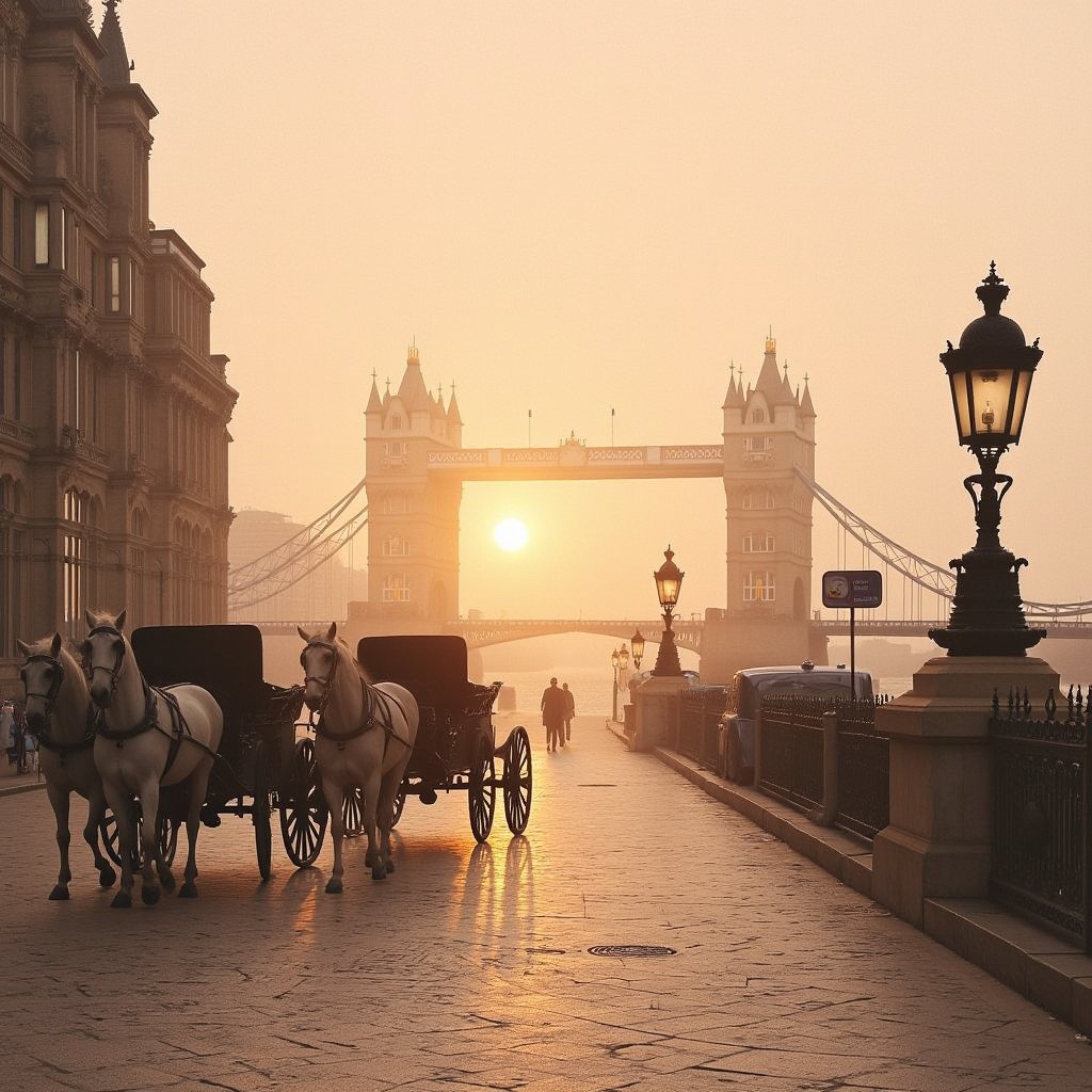 A sepia-toned dawn breaks over London Bridge's ancient stones as Victorian-era elegance unfolds. Horse-drawn carriages glide smoothly along cobblestone streets, while the morning sun ascends behind a gradient sky of gentle oranges and pinks. Foggy mist veils the city's intricate architecture, softened by wet watercolor hues that evoke a sense of history and nostalgia.