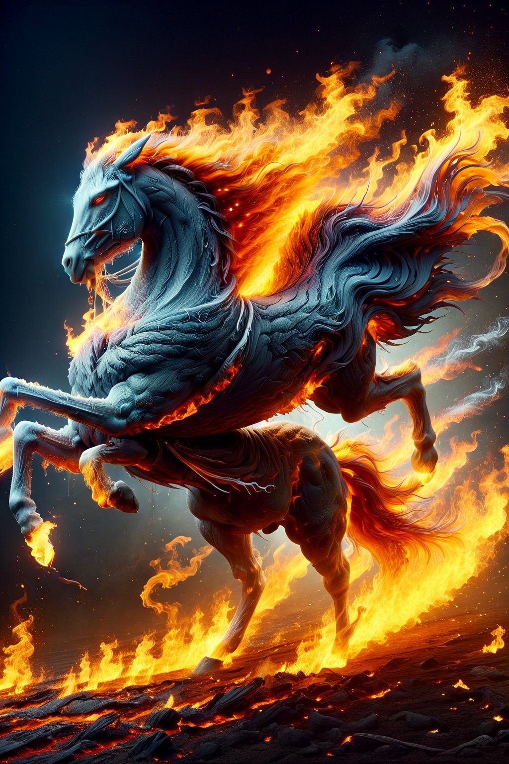 A majestic battlehorse gallops through a fiery inferno, flames engulfing its mane and tail as it rears up on hind legs, nostrils flared and ears laid back, amidst a backdrop of scorched earth and charred trees, the warmth of the blaze illuminating its muscular physique.,Headless Horseman,Mustang,faize,ElementFire