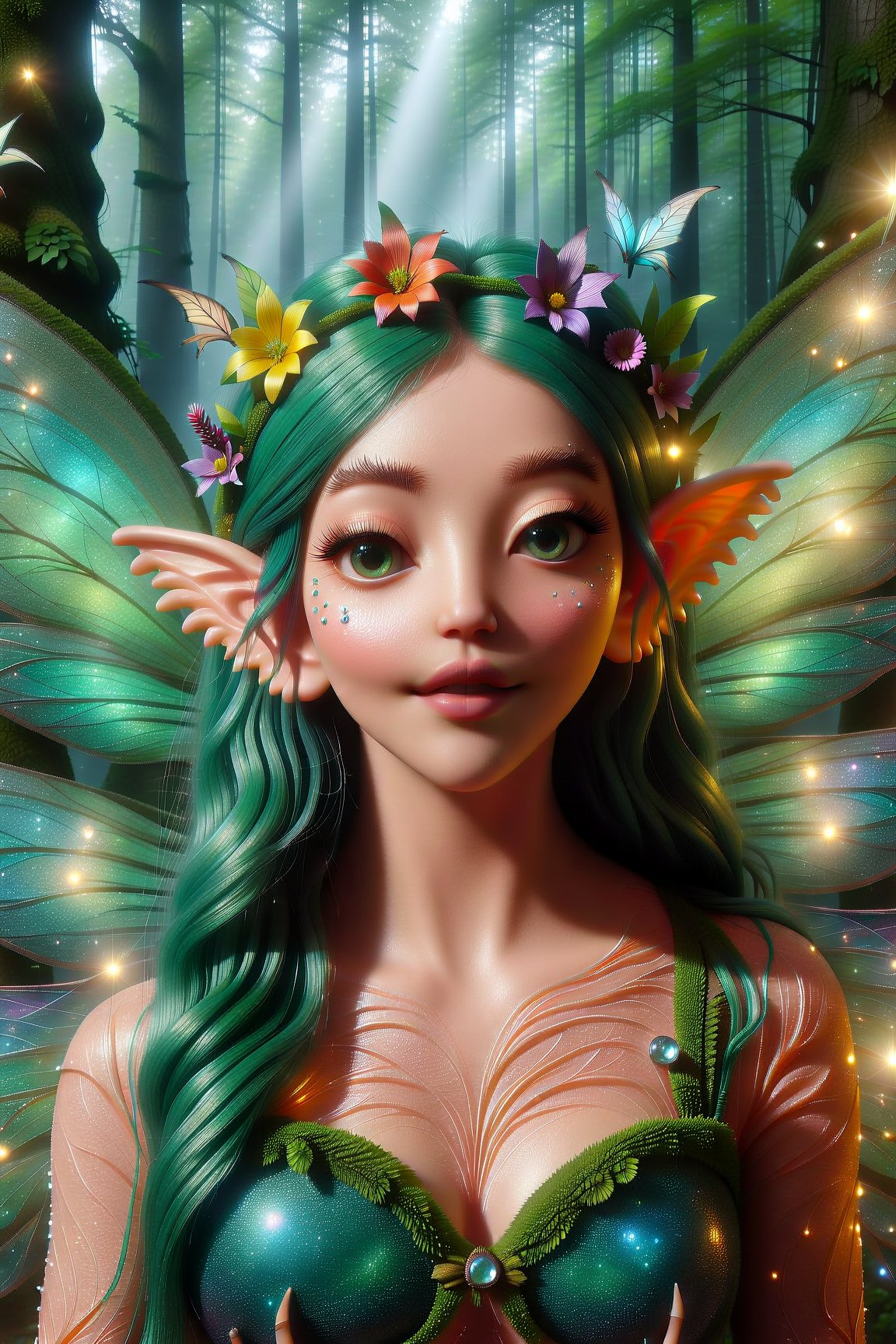 In a lush, verdant forest, a whimsical fairy stands amidst a tapestry of vibrant flora, her delicate features aglow in soft, ethereal light. Her big, beautiful eyes sparkle like gemstones, while her green hair flows like a river of emeralds, adorned with intricately woven flowers that seem to dance in the gentle breeze. The fairy's petite nose and plump cheeks give way to a mischievous grin, as if she's privy to a secret only the forest can share. Boris Vallejo-inspired fantasy art comes alive in this high-definition CGI masterpiece, showcasing the enchanting beauty of nature with meticulous attention to detail.,fairytale,tpgrtfiry,Fairy,DonMF41ryW1ng5XL