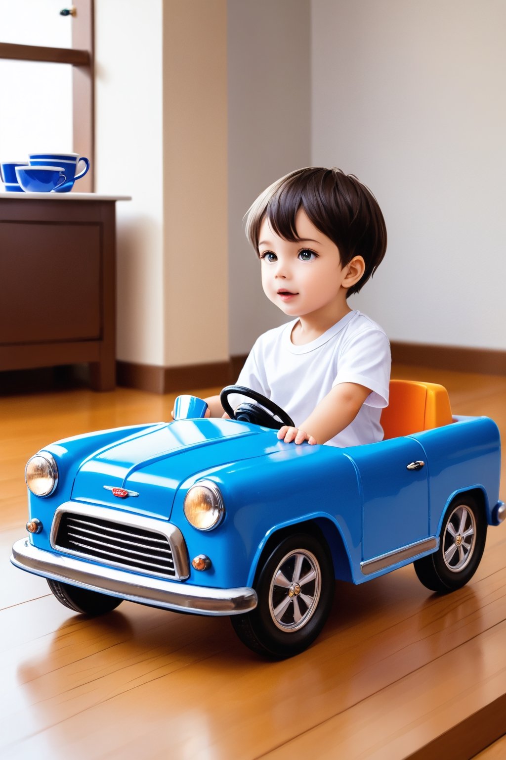 The image features a young boy sitting on a toy car, which appears to be a walker or a toy car with wheels. The boy is wearing a white shirt and seems to be enjoying his time on the toy car. 

In the background, there is a dining table with a few items on it, including a bottle, a cup, and a bowl. A dog is also present in the scene, standing near the boy and the toy car, possibly watching the child play.