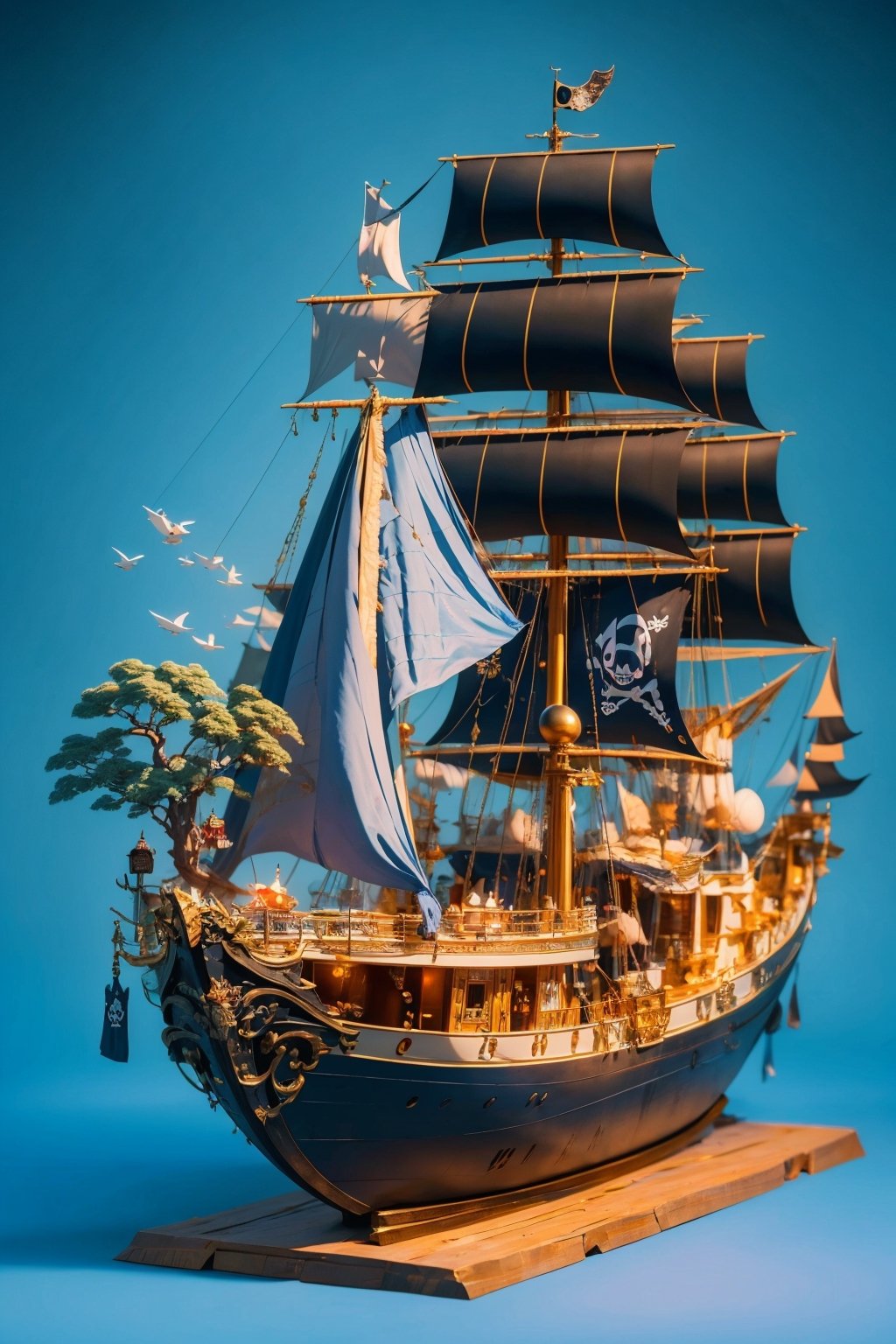 (Masterpiece, high quality, best quality, official art, beauty and aesthetics: 1.2), ((Pirate ship "Black Pearl")) from "Pirates of the Caribbean", standing near the shore, in the style of Claude Lorrain,
 blue theme, surrealist dream style, cream organic fluid, light tracing, foreground occlusion, natural light, jungle, c4d, OC rendering, product photography