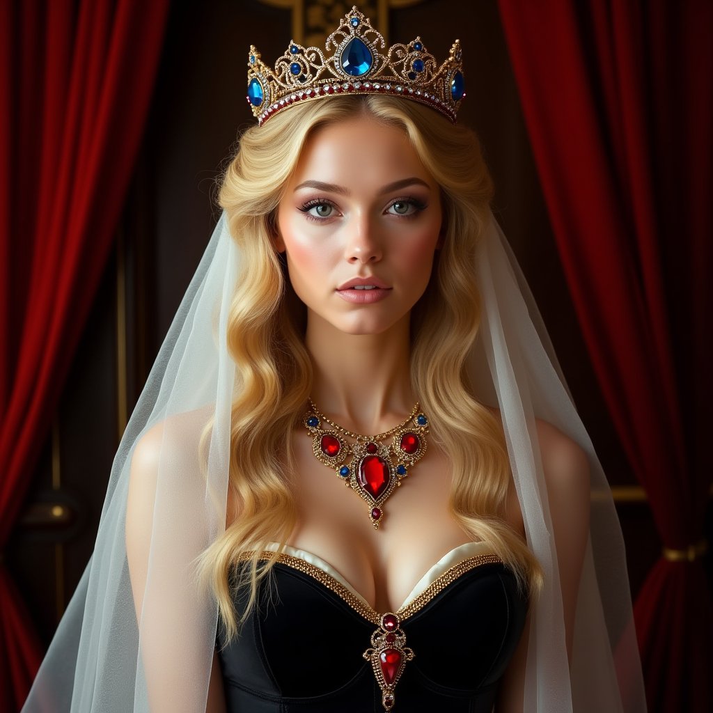 a fantasy princess surrounded by an atmosphere of luxury and magic. She wears an ornate crown adorned with blue and red gemstones that sparkle in the light. A white veil falls gently over her long, wavy blonde hair, adding mystery and sophistication to her look.

Around the princess's neck is a magnificent necklace with red stones set in gold, which emphasizes her royal status. Her outfit features a black corset with gold trim along the top edge that elegantly accentuates her figure.

A piece of red curtain or fabric can be seen in the background, creating the feeling of a rich interior, perhaps a throne room or royal chambers. The whole image of the princess radiates grandeur and grace, as if she had stepped out of the pages of a fairy tale. Photorealism, professional shot, ISO-250,art_solyanka,pavsok Style