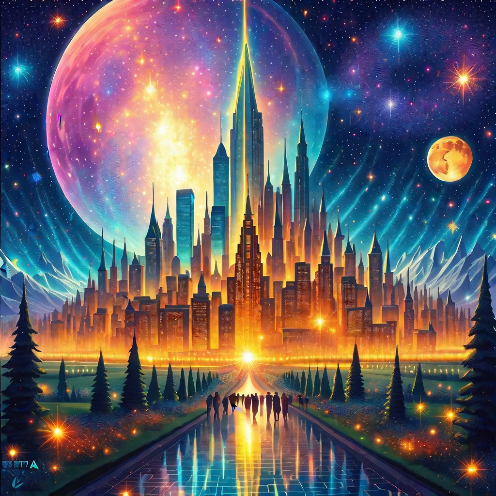 Beyond the Moon, an iridescent city hanging in a sea of stars. The city is composed of crystalline towers that reflect cosmic light. The background contains swirling nebulae. There are glimmering paths of starlight winding through ethereal gardens. The city is inhabited by translucent beings that weave energy. The surfaces contain intricate murals in the style of Escher and Van Gogh. The city is a tapestry of otherworldly beauty under a celestial dome.