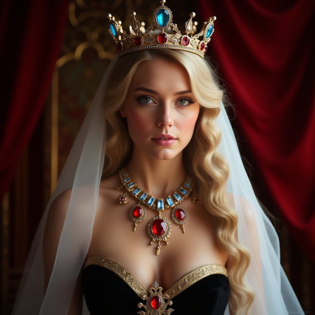 a fantasy princess surrounded by an atmosphere of luxury and magic. She wears an ornate crown adorned with blue and red gemstones that sparkle in the light. A white veil falls gently over her long, wavy blonde hair, adding mystery and sophistication to her look.

Around the princess's neck is a magnificent necklace with red stones set in gold, which emphasizes her royal status. Her outfit features a black corset with gold trim along the top edge that elegantly accentuates her figure.

A piece of red curtain or fabric can be seen in the background, creating the feeling of a rich interior, perhaps a throne room or royal chambers. The whole image of the princess radiates grandeur and grace, as if she had stepped out of the pages of a fairy tale. Photorealism, professional shot, ISO-250,art_solyanka,pavsok Style