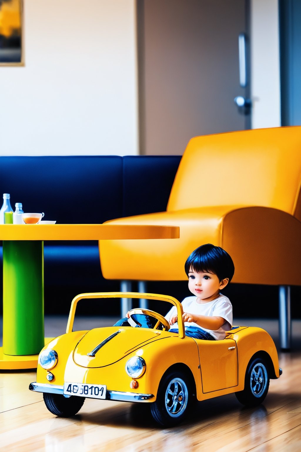 The image features a young boy sitting on a toy car, which appears to be a walker or a toy car with wheels. The boy is wearing a white shirt and seems to be enjoying his time on the toy car. 

In the background, there is a dining table with a few items on it, including a bottle, a cup, and a bowl. A dog is also present in the scene, standing near the boy and the toy car, possibly watching the child play.
