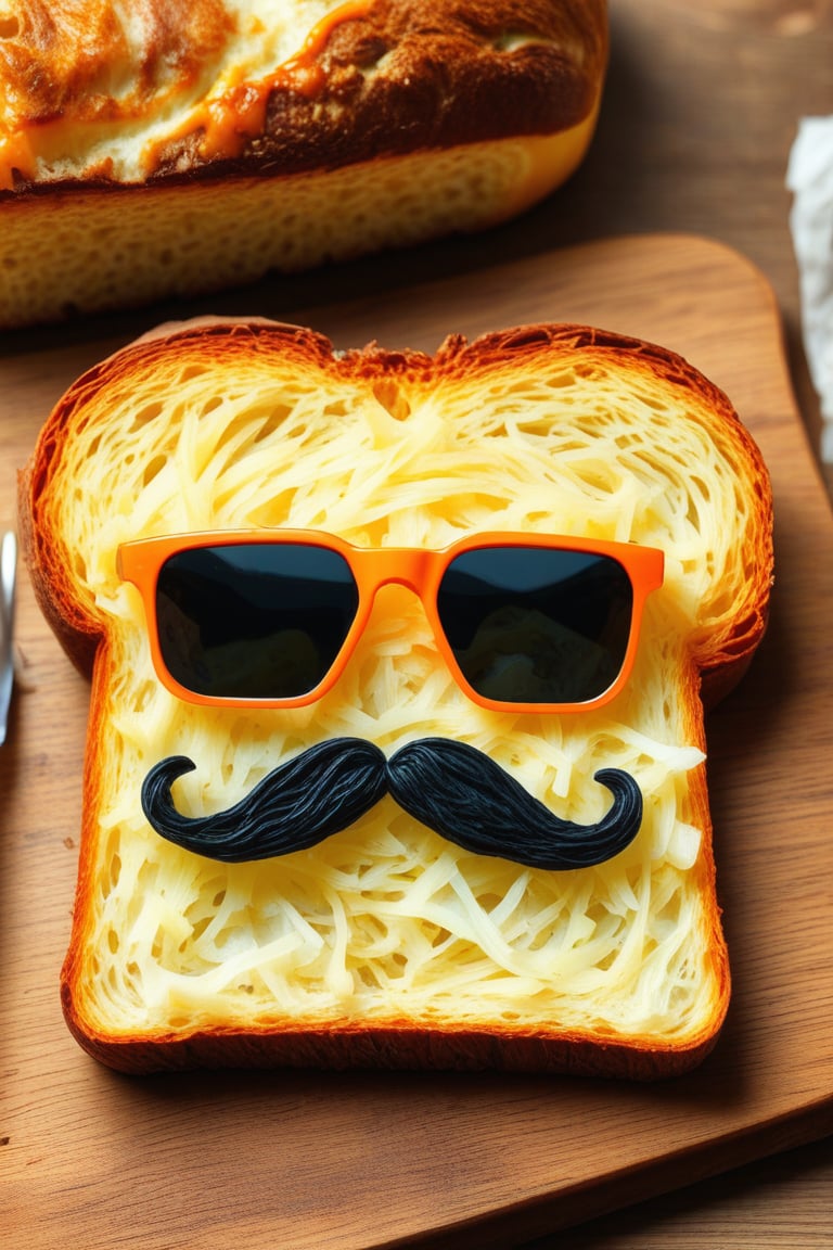 A piece of bread has a face made out of sauerkraut on it. There is a pair of orange sunglasses on top of the bread with a black mustache. The bread is sitting on a wooden cutting board.