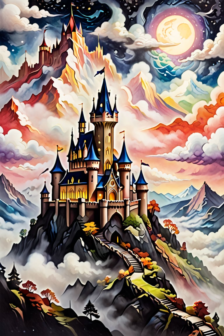 A majestic masterpiece depicting a regal dragon perched atop a misty mountain, where clouds swirl and twinkling stars dot the celestial canvas. Below, a centuries-old gothic castle stands sentinel, its turrets and towers reaching towards the mystical realm. The surrounding landscape is alive with subtle shading and vibrant hues, achieved through meticulous application of colored pencils and felt-tip pens.