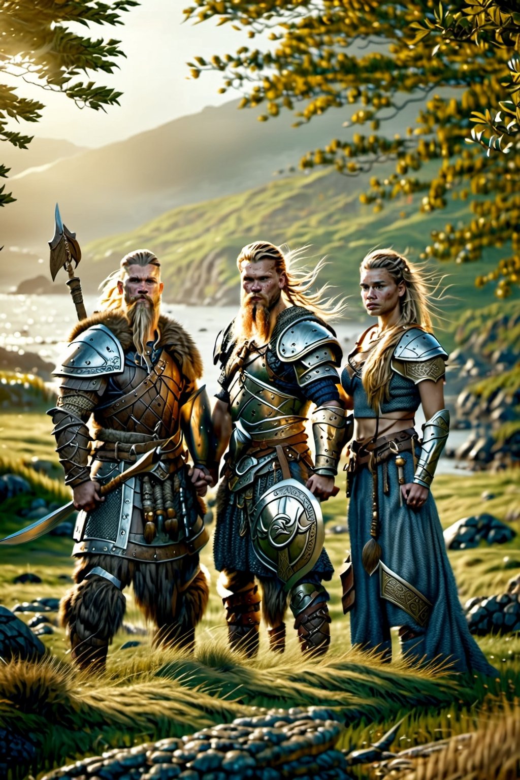 three Viking-style people and armor in front of a Viking village, real life skin, intricate, elegant, highly detailed, artstation, concept art, smooth, sharp focus, art by artgerm and greg rutkowski and alphonse mucha,island,DonMD34thKn1gh7XL