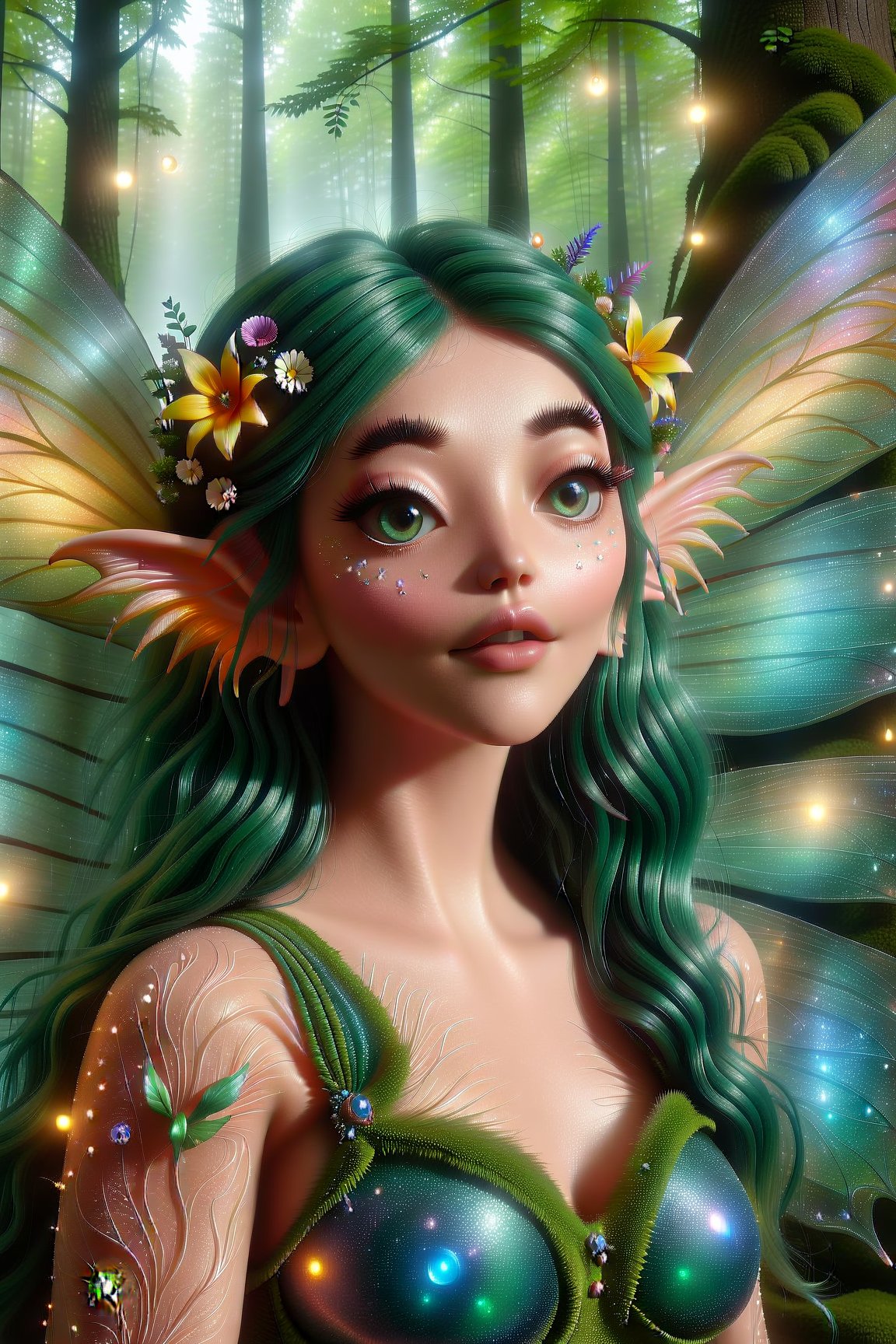 In a lush, verdant forest, a whimsical fairy stands amidst a tapestry of vibrant flora, her delicate features aglow in soft, ethereal light. Her big, beautiful eyes sparkle like gemstones, while her green hair flows like a river of emeralds, adorned with intricately woven flowers that seem to dance in the gentle breeze. The fairy's petite nose and plump cheeks give way to a mischievous grin, as if she's privy to a secret only the forest can share. Boris Vallejo-inspired fantasy art comes alive in this high-definition CGI masterpiece, showcasing the enchanting beauty of nature with meticulous attention to detail.,fairytale,tpgrtfiry,Fairy,DonMF41ryW1ng5XL