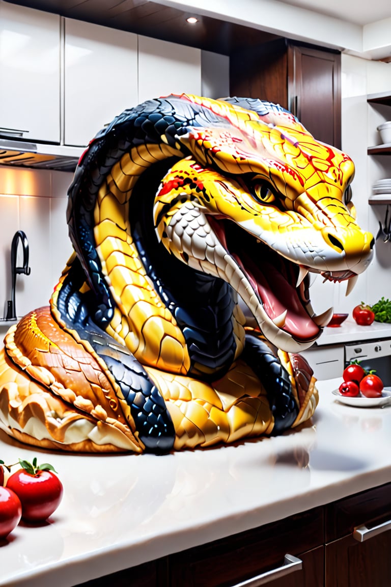 Pie in the form of a big and bad cobra, Cobra has opened its hood, kitchen art, ultra quality, ultra details