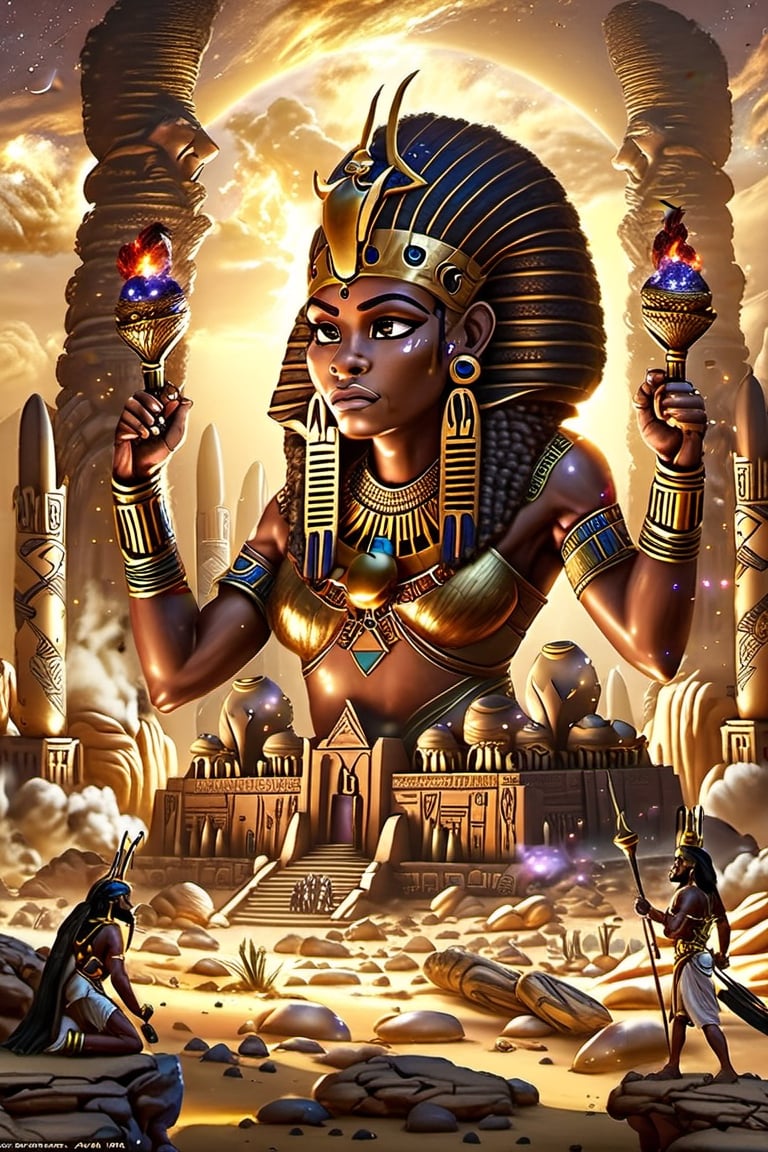 Ancient Egyptian Style, masterpiece, best quality, Her husband Yahhotep dies in the struggle, but even this terrible grief cannot break her. The queen entrusts command of the troops to her eldest son. Kames will become pharaoh in place of his dead father. Together with him, Yakhhotep wins victory after victory, despite the betrayal of yesterday's subjects, friends, and loved ones. But the invaders are still confident in their invincibility. Although, perhaps, their serenity is just a trick, and they are preparing a trap for Yahhotep, beautiful, aesthetically pleasing, harmonious, CGI, 1024K,style,concept,fantasy